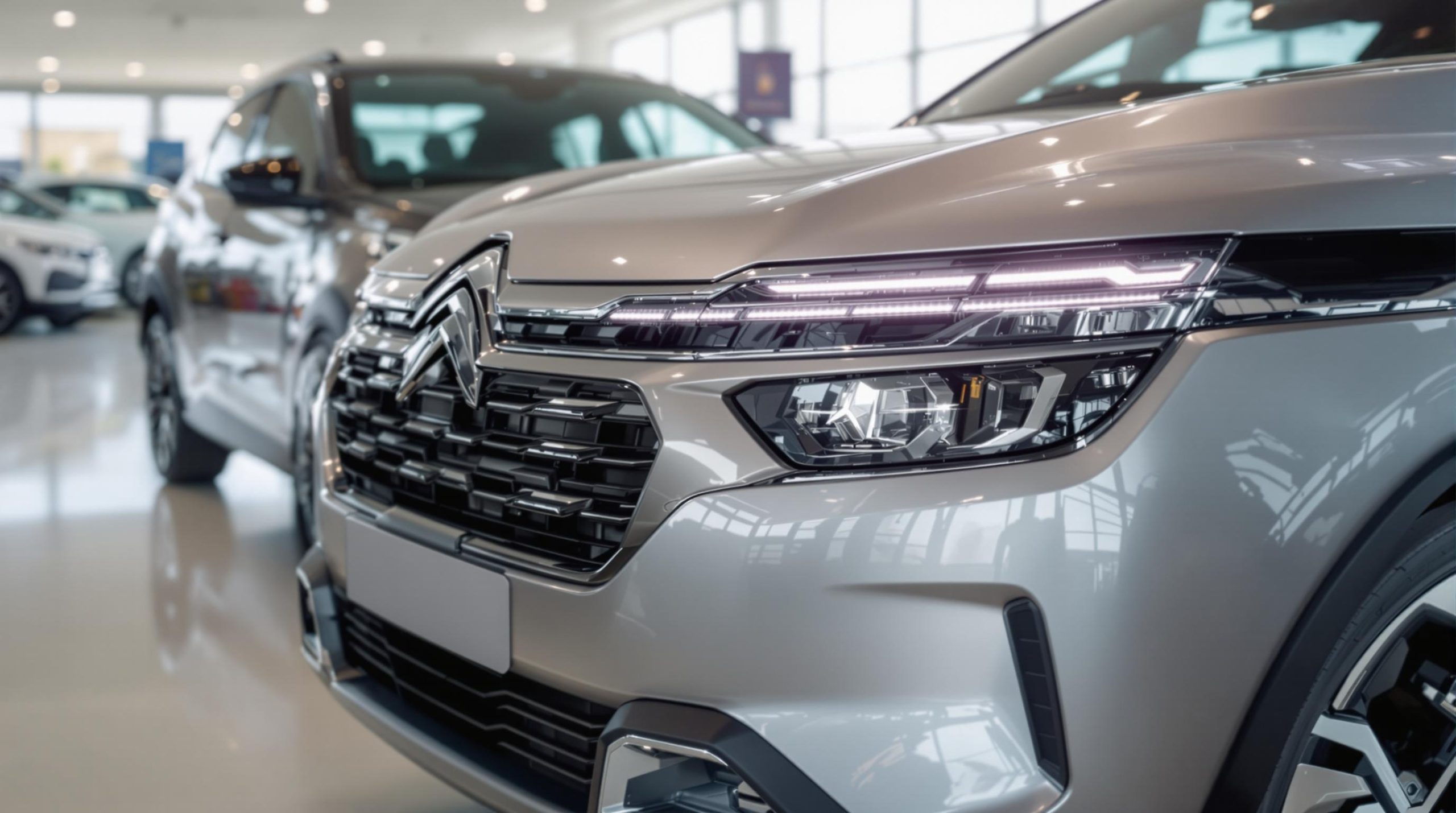 Gros plan sur la calandre et le phare avant d'une voiture Citroën grise dans une concession automobile.